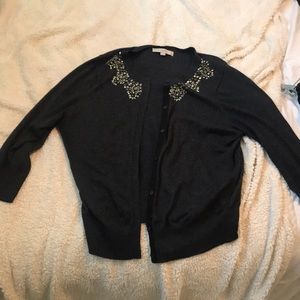 LOFT Grey Jeweled Cardigan Sweater